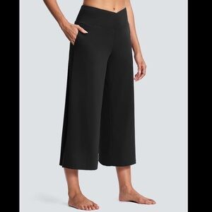 2XL Black Wide Leg Yoga Pants High Waisted Crossover Crop w Pockets